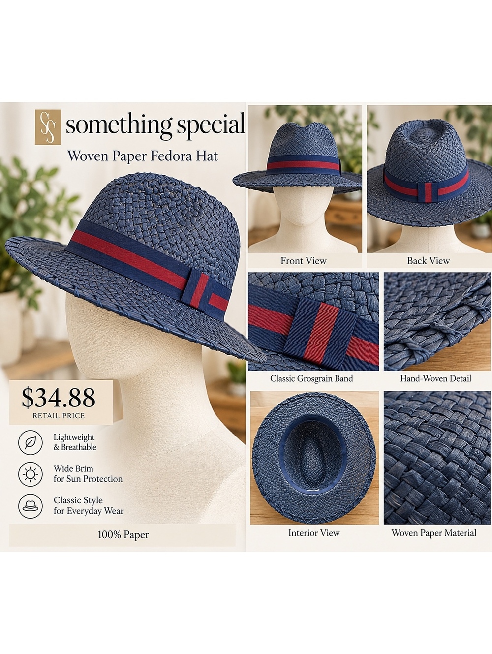 Something Special Woven Paper Fedora Hat Classic Grosgrain